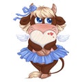 A beautiful girl cow in a blue skirt holds a frame in the shape of a heart Royalty Free Stock Photo