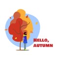 Beautiful girl in cozy coat near autumn tree with falling leaves and Hello autumn words