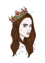 Beautiful girl in crown. Girl with long hair. Vector illustration for a postcard or a poster, print for clothes. Fashion & Style.