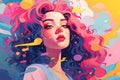 Beautiful girl with curly hair and bright makeup. Vector illustration, Whimsical Post-Impressionist Illustration in Flat Style Royalty Free Stock Photo