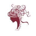 Beautiful Girl Curly hair. Linear illustration profile of a female head.