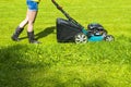 Beautiful girl cuts the lawn, Mowing lawns, Lawn mower on green grass, mower grass equipment, mowing gardener care work tool, clos Royalty Free Stock Photo