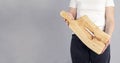 Beautiful girl. Cutting board. Young woman hold a large kitchen board in her hands. Royalty Free Stock Photo