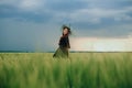 Beautiful girl dancing field nature grass spring Royalty Free Stock Photo