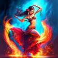 Beautiful girl dancing flamenco on fire background. Belly dance. generative AI Royalty Free Stock Photo