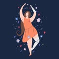 Beautiful girl dancing in flowers with prosthetic arm and leg on dark background. Modern flat illustration of a strong self