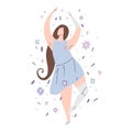 Beautiful girl dancing in flowers with prosthetic arm and leg. Modern flat illustration of a strong self sufficient woman. Self