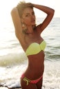Beautiful girl with dark hair in bright bikini posing on sunset beach Royalty Free Stock Photo