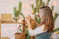 Beautiful girl decorate the room for Christmas