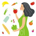 Beautiful girl on a diet around vegetables and fruits, salad