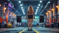 beautiful girl does deadlifts approach in the gym, back view, female fitness, banner