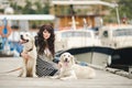 Beautiful girl with a dog on the pier in the summer Royalty Free Stock Photo