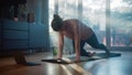 Beautiful Girl Doing Fitness at Home. Authentic Plus Size Woman Doing Workout, Mountain Climber Royalty Free Stock Photo