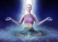 Beautiful girl doing yoga on fantasy clouds 3d illustration