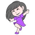 Beautiful girl in dress is jumping with joy, doodle icon image kawaii Royalty Free Stock Photo