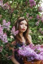 Beautiful girl in a dress posing near a Bush of lilacs on a summer day, purple flowers in the Park. Spring portrait of a girl Royalty Free Stock Photo