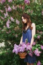 Beautiful girl in a dress posing near a Bush of lilacs on a summer day, purple flowers in the Park. Spring portrait of a girl Royalty Free Stock Photo