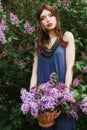 Beautiful girl in a dress posing near a Bush of lilacs on a summer day, purple flowers in the Park. Spring portrait of a girl Royalty Free Stock Photo