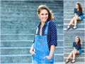 Beautiful Girl Dressed In Blue Overalls. Outside Portrait Of Pretty Young Caucasian Happy Woman Royalty Free Stock Photo