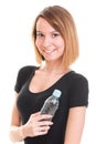 Beautiful girl drinking water from blue bottle isolated Royalty Free Stock Photo