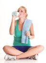 Beautiful girl drinking water blue bottle isolated Royalty Free Stock Photo