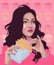 beautiful girl eating french fries