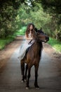 Beautiful girl in elegant dress sits on horseback Royalty Free Stock Photo
