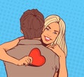 Beautiful Girl Embrace Man Holding Red Heart Happy Smiling Over Comic Pop Art Background Valentines Day Holiday Concept