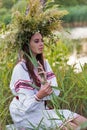 Beautiful girl in embroidery shirt and wreath of wild flowers. Royalty Free Stock Photo