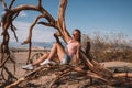 Beautiful girl exploring and hiking down death valley