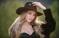 Beautiful girl face closeup, outside portrait of young woman in wide broad brim hat. Summer romantic casual woman. Royalty Free Stock Photo