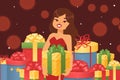 Beautiful girl with festive gift box, vector illustration. Boxes in multi-colored wrapping paper, with different cartoon