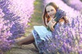 Beautiful girl in a field with lavender. Royalty Free Stock Photo