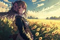 Beautiful girl in a field with yellow flowers. Anime. Generative AI Royalty Free Stock Photo