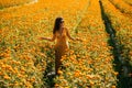 Beautiful girl on a flower field. A girl in a yellow dress among flowers. A girl walks through a flower field Royalty Free Stock Photo