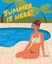 Beautiful girl with flower in her hair relaxing in swimming pool. Summer vacation. Open air swimming pool. Banner