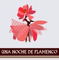 Beautiful girl in a flower-shaped skirt is dancing traditional dance of Spain. Night of Flamenco text in Spanish.