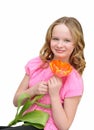 Beautiful girl with flower tulip. Smile.Spring mood.