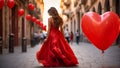 Beautiful girl a fluffy dress, lady balloon heart, walks around the city romantic pretty