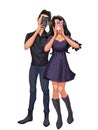 Beautiful Girl Friend Handsome Boy Friend Face Covered by Phone. Asia Couple. Lovers. Concept Art Characters.