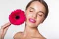 Beautiful girl with gerbera flower near face Royalty Free Stock Photo