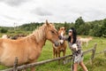 A beautiful girl in glasses and with a bandana on her head strokes the horses in the meadow. Blurred background