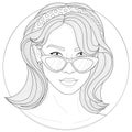 Beautiful girl with glasses, earrings and a hair band.Coloring book antistress for children and adults
