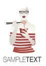 Beautiful girl with glasses wearing striped clothes eating spaghetti or noodles with chopsticks.