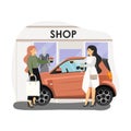 Beautiful girl going shopping by car, flat vector illustration Royalty Free Stock Photo