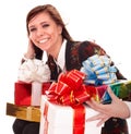 Beautiful girl with group of gift box. Royalty Free Stock Photo