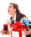 Beautiful girl with group of gift box. Royalty Free Stock Photo