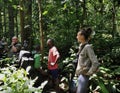 Beautiful girl with Group of tourists in jungle near by Mondica camp. The borderland between the Congo and the Central African Rep