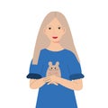 Beautiful Girl with hamster in cartoon style on white background. Isolated flat illustration. Animal cartoon. Child with