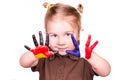 Beautiful girl with hands painted as German and French flags Royalty Free Stock Photo